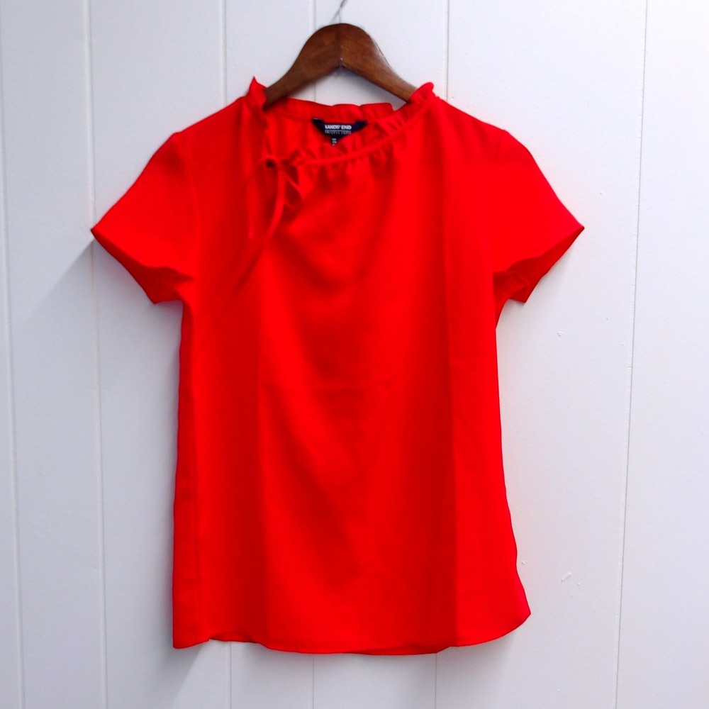 Lands' End Red Blouse Ruffle Neckline Lightweight Top Size 2 / #6327